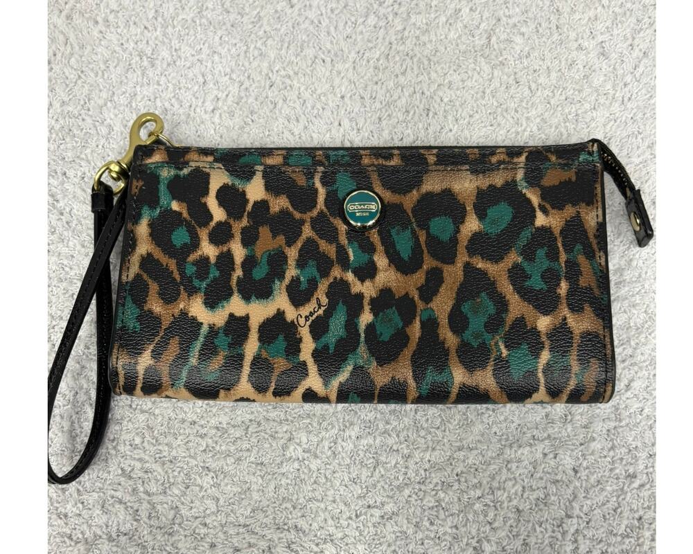 Coach Brown Teal Big Cat Print Wristlet Wallet  #76943